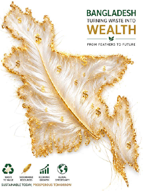 Map of Bangladesh shaped with a golden feather symbolizing turning poultry feather waste into economic wealth and sustainable opportunity
