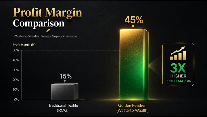 Profit margin comparison chart showing Golden Feather Waste-to-Wealth achieving a 45% profit margin compared to 15% for Traditional Textile RMG