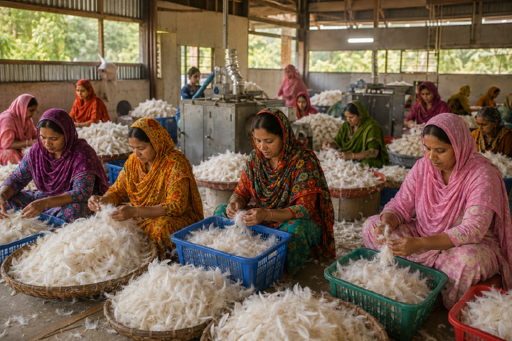 Rural Bangladeshi women sorting and cleaning raw white poultry feathers in baskets inside a feather processing factory