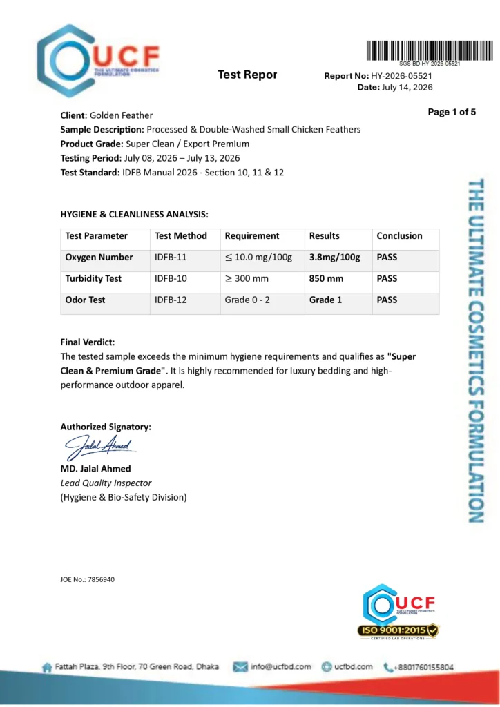 Golden Feather eco-neutralized feather fiber chemical safety and heavy metal test report certified toxin-free Oeko-Tex Class I