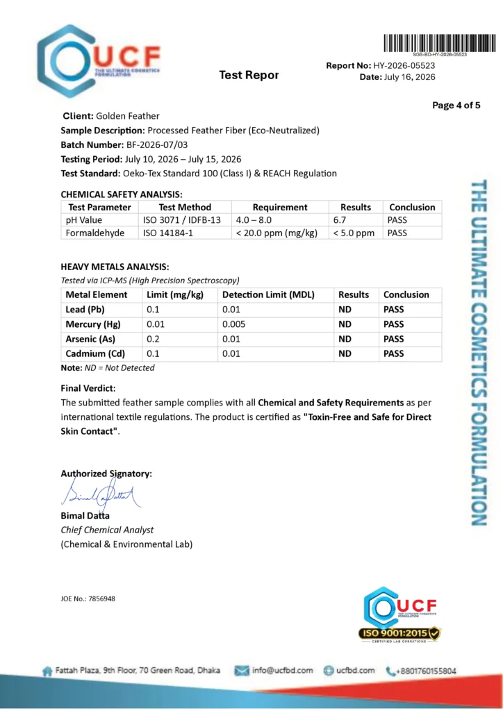 Golden Feather small chicken feathers physical composition and 410 fill power lab test report IDFB certified