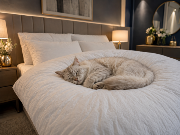 A fluffy white bed with a grey cat sleeping comfortably on a quilt, mattress topper, and pillows filled with 100% natural feathers.