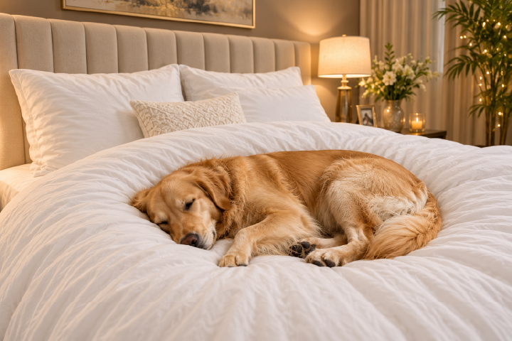 A Golden Retriever sleeping peacefully on a premium white bed featuring a quilt, mattress topper, bolster, and pillows all filled with 100% natural feathers.