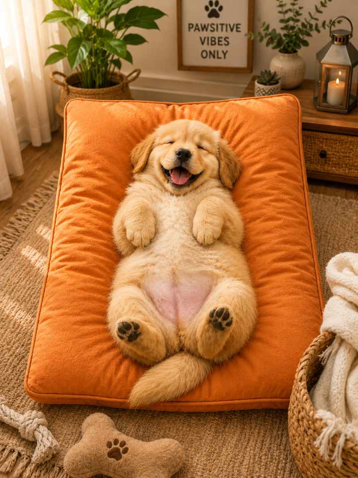 A happy Golden Retriever puppy lying on its back on a large orange pet cushion filled with 100% natural feathers instead of synthetic fibers.