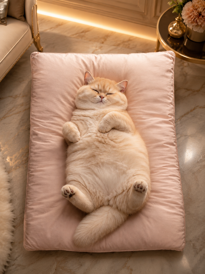 Duck Down Feather A fluffy cat sleeping peacefully on a soft pink luxury pet bed filled with processed natural feathers instead of synthetic fiber.