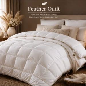 Duck Down Feather Grand Sovereign Feather Quilt (King Size) A luxurious white box-quilted feather quilt filled with 100% natural feathers on a cozy bed with decorative pillows.