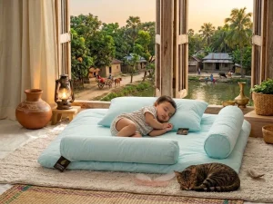 Duck down baby bed with Arctic Mint pure cotton cover, soft pillow and bolster pillows, designed for newborn and toddler comfort by Golden Feather Bangladesh.