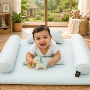 Duck Down Baby Bed Set in Arctic Mint Cotton Duck down baby bed with Arctic Mint pure cotton cover, soft pillow and bolster pillows, designed for newborn and toddler comfort by Golden Feather Bangladesh.