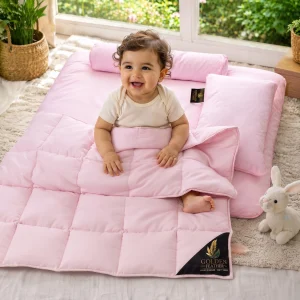 Baby Duck Down Comforter Blossom Pink 5-Piece Baby Bedding Set with Quilt Mattress Bolsters and Pillow by Golden Feather